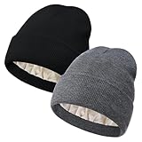Zando 2 Pcs Warm Satin Lined Beanie for Women & Men - Hair Protection Fashionable Winter Hat, Silky Lined Knit Beanies, Sleep Cuffed Skull Cap for Daily Wear Skiing One Size Dark Grey & Black