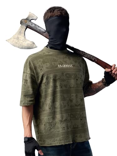 Image of The Souled Store Vikings: Longship Men and Boys Short Sleeve Rpund Neck Brown Embroidered Cotton Oversized Lightweight Breathable Drop Shoulder Streetwear T-Shirts