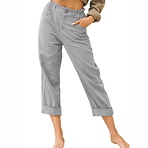 Zunfeo Summer Linen Capris For Women Button Waist Mid Rise Solid Linen Pants Casual Loose Beach Pants Folding Trouser Legs #TOP12