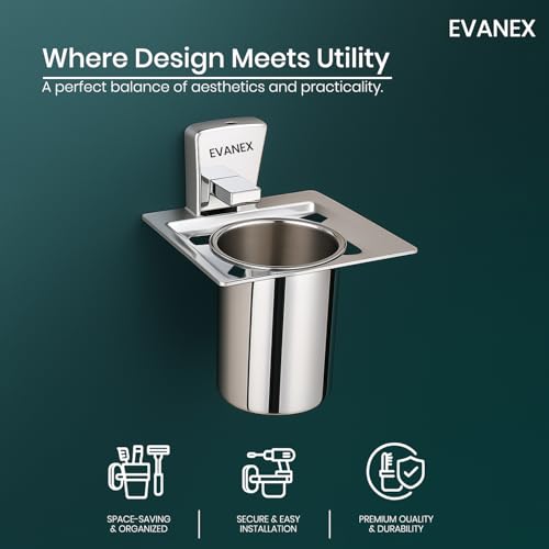 Image of EVANEX Wall-Mounted Tooth Brush Holder, 304 Grade Stainless Steel Tumbler Stand, Bathroom Organizer with Glossy & Chrome Finish Stand with Removable Cup (Selvi)