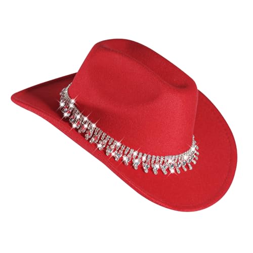 Womens Red Cowboy Hat Rhinestone Cowgirl Hats Wide Brim Diamond-Glitter-Western-Bling with Tassel