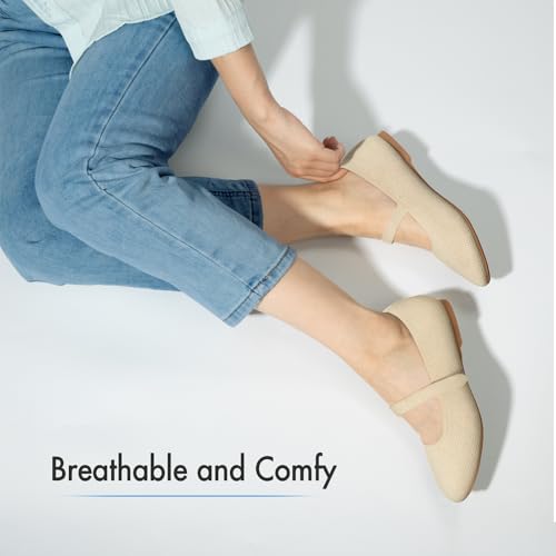 ATHMILE Mary Jane Shoes Women Round Toe Knit Ballet Flats Shoes for Women Comfortable Dressy Washable Adjustable Strap for Work Office Casual Nude2