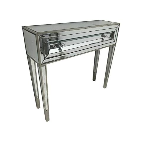Interiors In Vogue Mirrored Rectangle Console Dressing Table Desk - Venetian Glass Furniture 1 Drawer With Silver Trim Cover