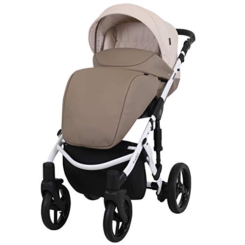 KUNERT Kinderwagen TIARO Sportwagen Babywagen Autositz Babyschale Komplettset Kinder Wagen Set 3 in 1 (Braun mit Creme, Rahmenfarbe: Weiß, 3in1)