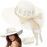 Cozypower Bride Sun Hat Wide Brim Straw Floppy Bride Beach Hat for Women Bridal Honeymoon Wedding Party Engagement(White)