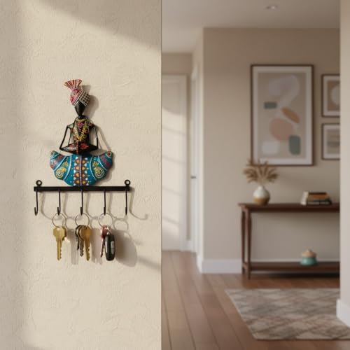Image of Lamcy Plaza Wall Hanging Key Holder with Hooks | Durable & Lightweight Metal Key Chain Stand | Decorative Wall Mount Key Organizer for Office, Entrance & Home (Couple (Blue, Pink))