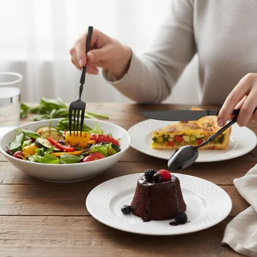 Image of 8 Pcs Black Slim Handle Stainless Steel Cutlery Set for Dining Table with Spoons and Forks Set + Butterknives - The Perfect Tableware /Flatware