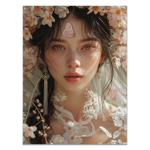 QUSAAOU Cuadro Lienzo Dama con corona floral y mariposas naturaleza mágica ImpresióN En Material Tejido No Tejido Cuadros Decoracion Modernos Lienzos - ReproduccióN Retrato Mujer -70x100cm1 Sin marco