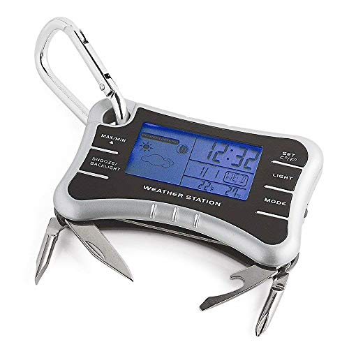 8-in-1-Pocket Mobile Wetterstation Schlüsselanhänger mit Multi Tools Wecker mit Temperatur und Luftfeuchtigkeit, einschließlich Kompass,