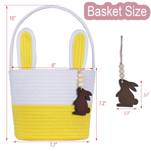 Image of Easter Basket, Empty Easter Baskets for Kids Boys Girls with Bunny Tag Egg Basket Eater Gifts Basket Toddler Teens Babys First Easter Basket with Handle Yellow