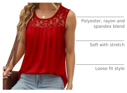 Image of Saloogoe Summer Tank Tops for Women Loose Fit Pleated Tunics Scoop Neck Sleeveless Lace Tops Curved Hem Flowy