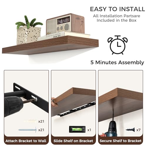 48" Wide x 9" Deep Floating Shelves for Wall, Walnut Finish, 2-Pack by Venusmiles - Used condition - Image 4