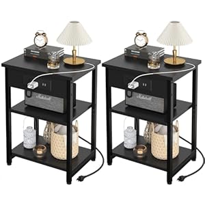 End Tables Set of 2 with Charging Station USB Ports, 3 Tier Tall Night Stand with Storage Shelves, Record Player Stand Narrow Side Table for Small Space Living Room Bedroom Office, Easy Assembly,Black