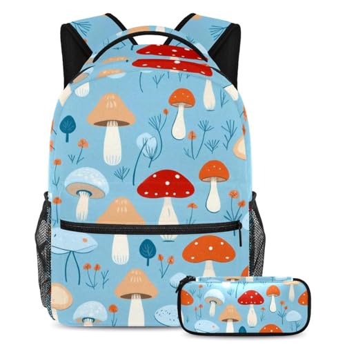 Sac à dos champignon bleu avec trousse assortie pour l'école et le voyage des grands étudiants
