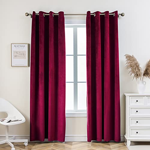 PLEASANT BOULEVARD | Velvet Curtains [2 Panels] Elegant Living Room Bedroom Window Drape Curtains, Grommet Eyelet Style (52" W x 95" L, Burgundy Red)