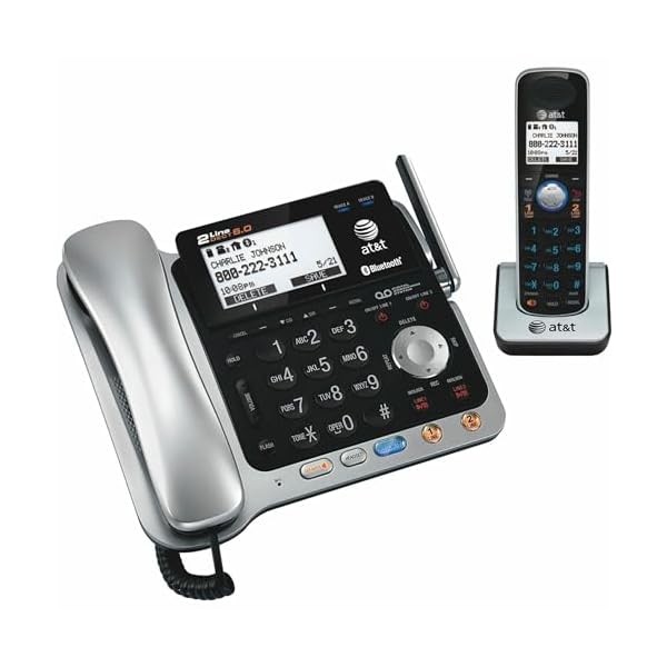 AT&T TL86109 DECT 6.0 2-Line Expandable Corded/Cordless Phone with Bluetooth Connect to Cell, Answering System and Base Speakerphone, 1 Corded Handset and 1 Cordless Handset, Silver/Black