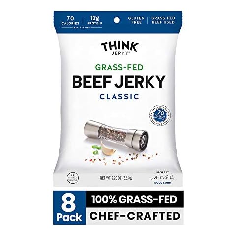 Think Jerky, Classic Beef Jerky (2.2 Ounce Bags, Pack of 8 Bags) - Delicious Chef Crafted Jerky, Grass-Fed Beef Jerky, Gluten Free, No Antibiotics or Nitrates - Healthy Protein Snack, Low Calorie and Low Fat Cover