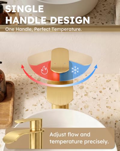 Vessel Sink Faucet Gold for Bathroom:WOWOW Single Handle Tall Bathroom Faucet - Waterfall Single Hole Mixer Bar Tap with Large Rectangular Spout, Deck Mount Lavatory Vanity with Pop Up Drain - image 5