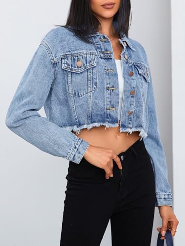 MakeMeChic Women's Crop Denim Jacket Casual Long Sleeve Ripped Frayed Hem Jean Jackets3