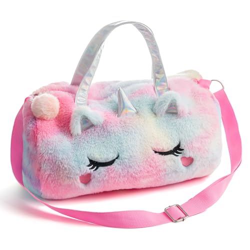 Kids Unicorn Duffel Bag - Rainbow Tie Dye Plush Overnight Weekender Bag for Girls, Cute Furry Travel Tote with Shoulder Strap Birthday Gift