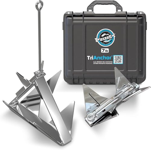 WAVESRX 7lb TriAnchor - Stainless Steel Folding Anchor with 14ft AnchorMate Bungee Line (14'-50') | Effortless Anchoring for Jet Skis, Dinghies & Skiff Boats | Unique Folding Design with Storage Case