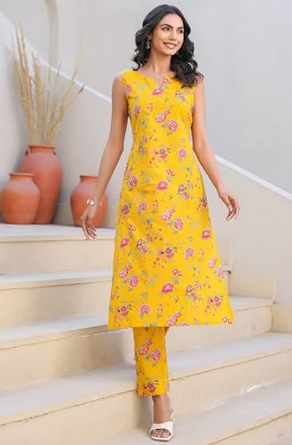 Image of Janasya Women's Yellow Pure Cotton Floral Printed Straight Kurta Pant Set