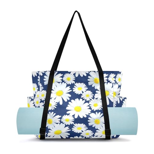 Lxqimora White Daisies Bright Fresh Yoga Mat Bag for Women Water-Resistant Gym Bag with Yoga Mat Holder Tote Bag for Office Travel Yoga Pilates