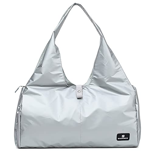 Bounmer Sports Gym Bag Travel Duffel Bag with Dry Wet Pocket and Shoes Compartment for Women, Large Waterproof Foldable Yoga Bag Weekend Bag for Beach Swim Pool Sports Gym (Silver)