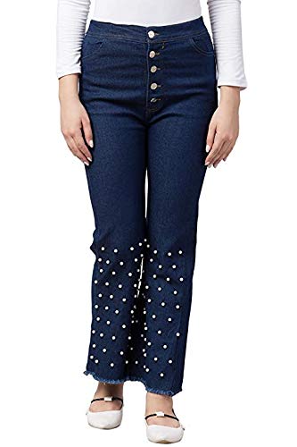 v3e Women's Casual Pearl Style Denim Palazzo Jeans (Dark Blue)-picture-34