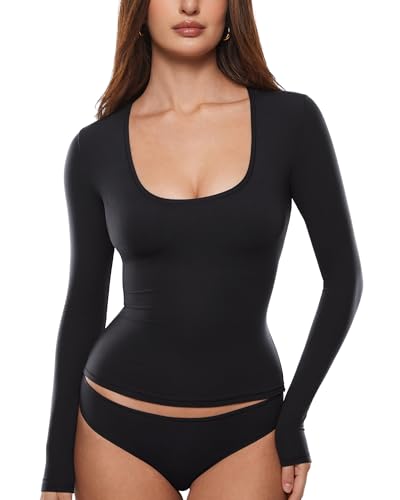 INLYRIC Women's Inbarely Soft Deep U Neck Double Lined Long Sleeve Tops Going Out Slim Fitted Trendy T-Shirts