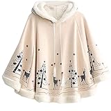 Flygo Women's Cute Fleece Lined Hooded Shawl Poncho Cloak Christmas Tree & Deer Pullover (One size (Less than 154lb), Beige)