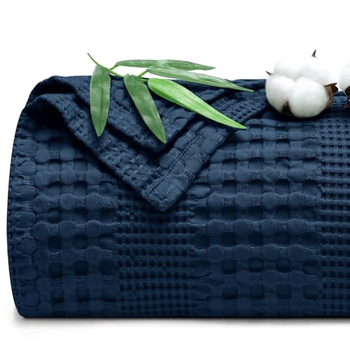 PHF Cooling Waffle Blanket King Size, Lightweight 60% Rayon Derived from Bamboo & 40% Cotton Breathable Blanket for Hot Sleepers, Soft and Luxury for Bed Couch and Sofa, 104"x90", Navy Blue