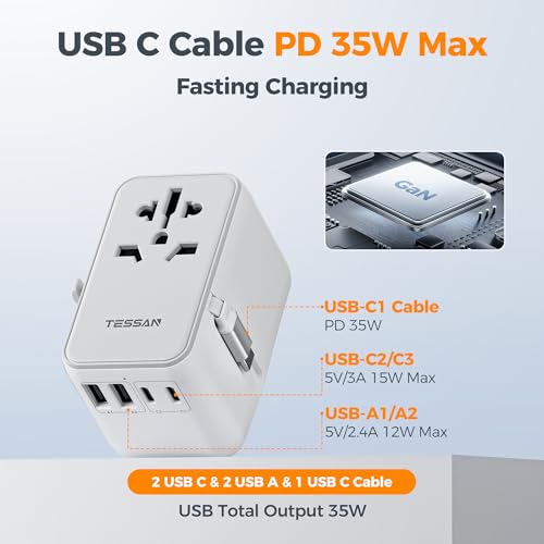 Image of TESSAN Universal Travel Adapter PD 35W GaN, International Power Adapter Built in 1 Retractable USB C Cable, 6 in 1 Travel Adaptor Worldwide with 4 USB Ports for US to Europe UK AUS (Type C G A I)