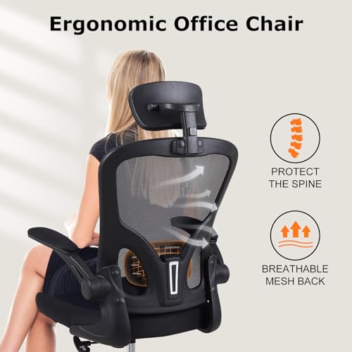Flysky Ergonomic Office Chair with Adjustable Headrest & Lumbar Support, Computer Desk Chair with Flip-Up Armrests, Comfortable for Home, Office, Conference Room image 4