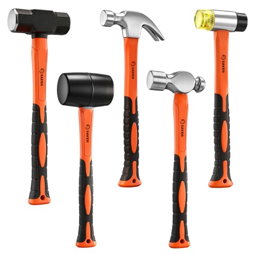 Image of Saker 5-Piece Hammer Set,3lb Sledge Hammer,16oz Rubber Mallet, 16oz Ball Peen Hammer & Claw Hammer, 7oz Cross Peen Hammer for Home Repair & DIY Projects