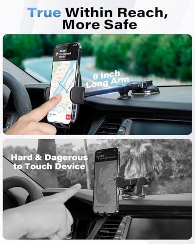 1Zero Solid Car Truck Phone Mount Holder with Thick Gooseneck Long Arm, Windshield Window Mobile Holders w/Industrial-Strength Suction Cup, Anti-Shake Stabilizer Compatible All Cell Phones, Black