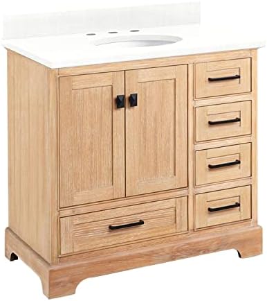 Signature Hardware 483407 Quen 36" Free Standing Single Basin Vanity Set with Cabinet, Vanity Top, and Undermount Sink - 3 Faucet Holes - Driftwood Brown/Feathered White Quartz