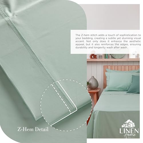 Image of Linen Home 100% Cotton Percale Sheets Queen Size, Pastel Turk, Deep Pocket, 4 Pieces Set - 1 Flat, 1 Deep Pocket Fitted Sheet and 2 Pillowcases, Crisp Cool and Strong Bed Linen