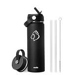 Insulated Water Bottle, BUZIO Stainless Steel Water Bottle with Straw 650 ml Double Walled Wide Mouth Sports Drink Flask with BPA Free Straw Lid and Flex Cap Cold for 48 Hrs, Black