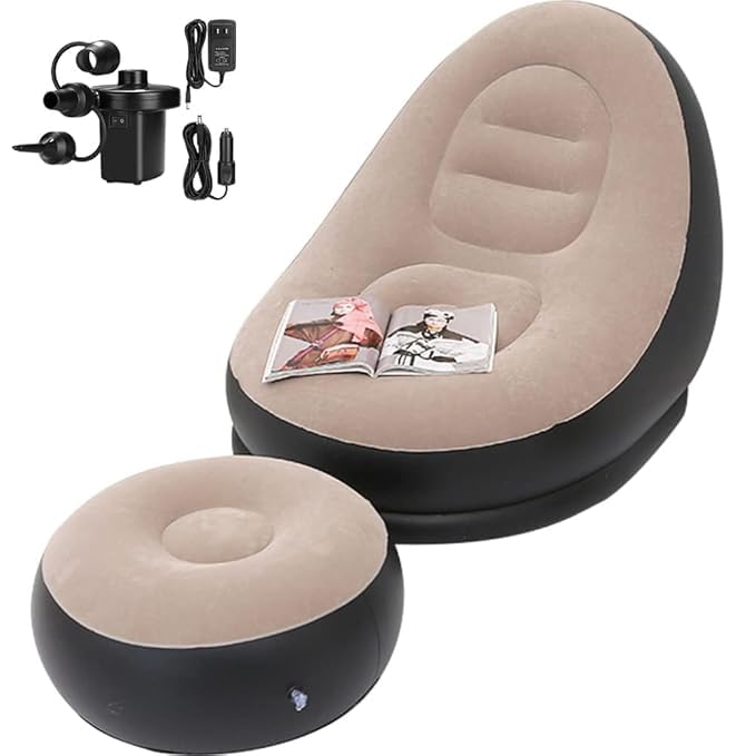 Image of Inflatable Bean Bag Chair for Adults & Kids - Soft Flocked Air Sofa Lounge Seat, Portable Lazy Couch for Living Room, Bedroom Floor Chair (Purple) (L Shape)