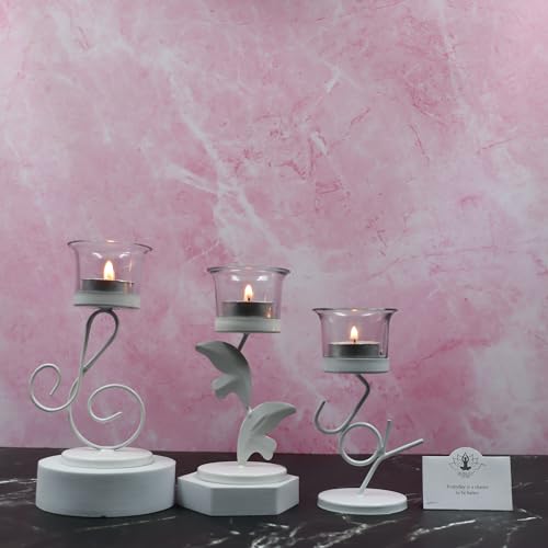 Image of Hosley Clear Glass Tealight Candle Holders|White Tealight Candle Holders with Glass Holders Perfect for Home Decor, Birthday,Wedding,Parties,Tabletop,Centerpiece| Pack of 3, with Pack of 3 Tealights