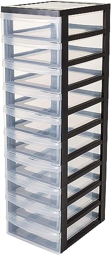 Iris Ohyama Kunststoff-Schubladenbox mit Rollen, 10 flachen Schubladen, Schwarz, Griffe zum Ziehen, Für Schlafzimmer, Bad, Schule & Büro, BPA-frei, Schubladenschrank, Rollcontainer, A4 Drawer, DC-010