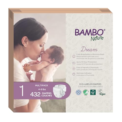 Image of Bambo Nature Hypoallergenic Dream Baby Diapers, Premium Eco-Labeled Sustainable Diapers, Enhanced Leakage Protection, Totally Chlorine-free, Skin Friendly, and Super Absorbent - Size 1 (432 Count)