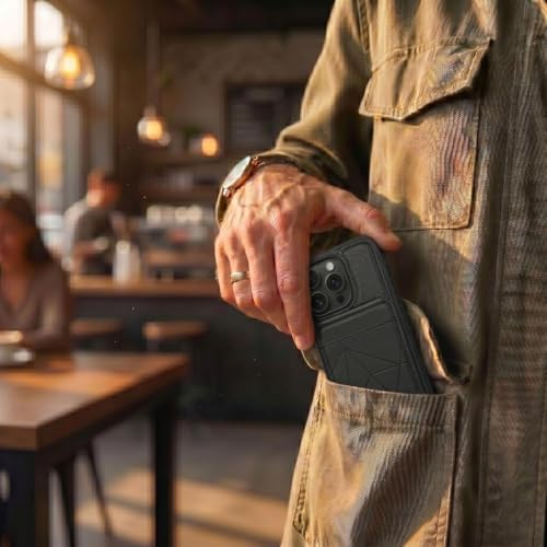 Image of amazon basics Premium Vegan Leather Back Cover with Card Holder and Integrated Mobile Stand for iPhone 15 Pro - Slim Shockproof Wallet Case with Geometric Stitching [Black]