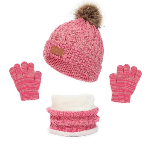 LINSOCLE 3 en 1 Bonnet Enfant Pour Fille Garcon, Ensemble Bonnet Echarpe Enfant, Tour de Cou avec Doublure, Hiver Accessoires Ensemble Set Pour 2 à 6 ans