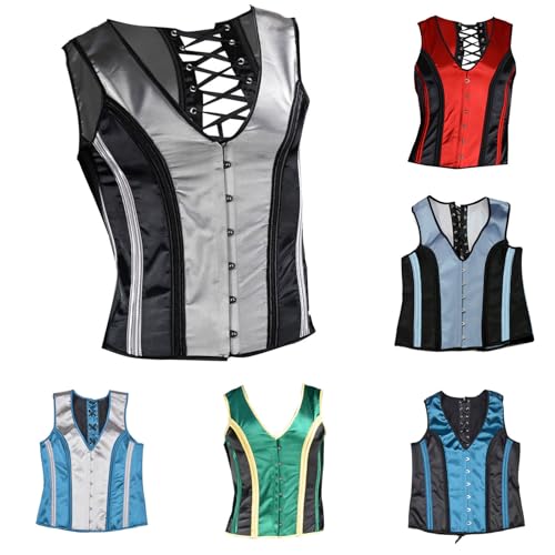 Cambkatl Men's Satin Corset Vest Vintage Colorblock Lace Up Back Shaping Tops Formal Slim Fit Boned Wedding Stage Waistcoat2