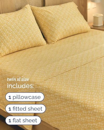 Image of Twin XL 3 Piece Floral Sheet Set - Breathable & Cooling - Yellow Meadow