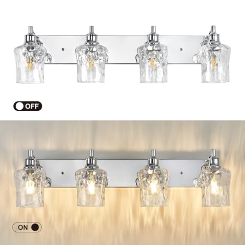 Image of Bathroom Light Fixtures Farmhouse Chrome Vanity Lights for Bathroom Lighting Fixtures Over Mirror with Hammered Glass Lampshade for Cabinet Mirror Bedroom Hallway 4 Light