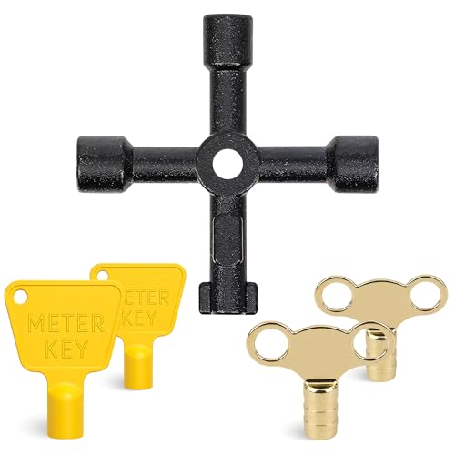 Trimming Shop 5pc Multi Utility Key Set – 2 Yellow Gas Meter Box Keys, 2 Radiator Bleed Keys and 4-Way Utility Key – Universal Key for Valves, Cabinets, Radiators & Utility Gas Meters