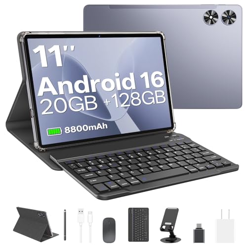 2025 Android 16 Tablet with Keyboard, 20GB+128GB 11 Inch Octa-Core 2-in-1 Tablets Dual Camera 8+13 MP, 5G/2.4G WiFi, 8800mAh, BT5.0, GMS Certified, with Mouse, Case, Stylus, (Gray)